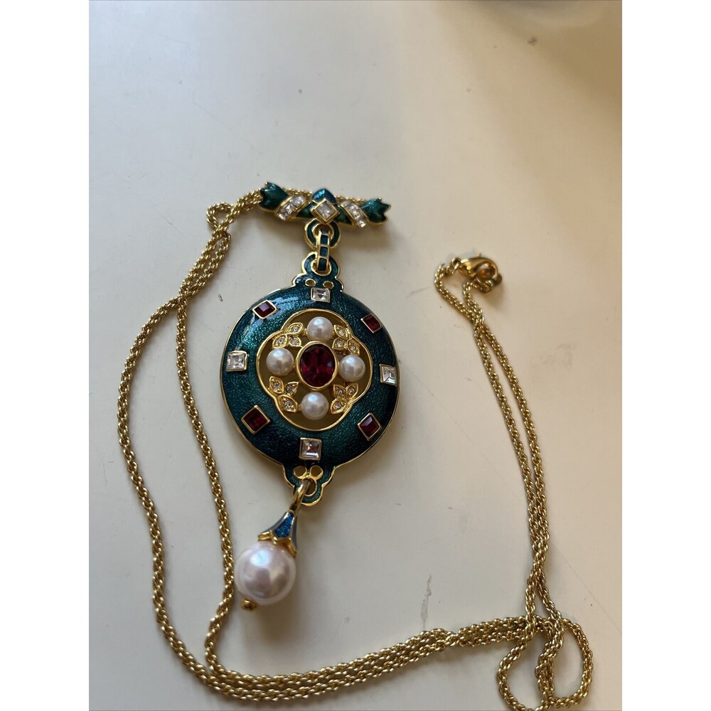 Vintage Gold tone Chain 24” teal Enamel Beautiful Red And Clear Stones W/pearls